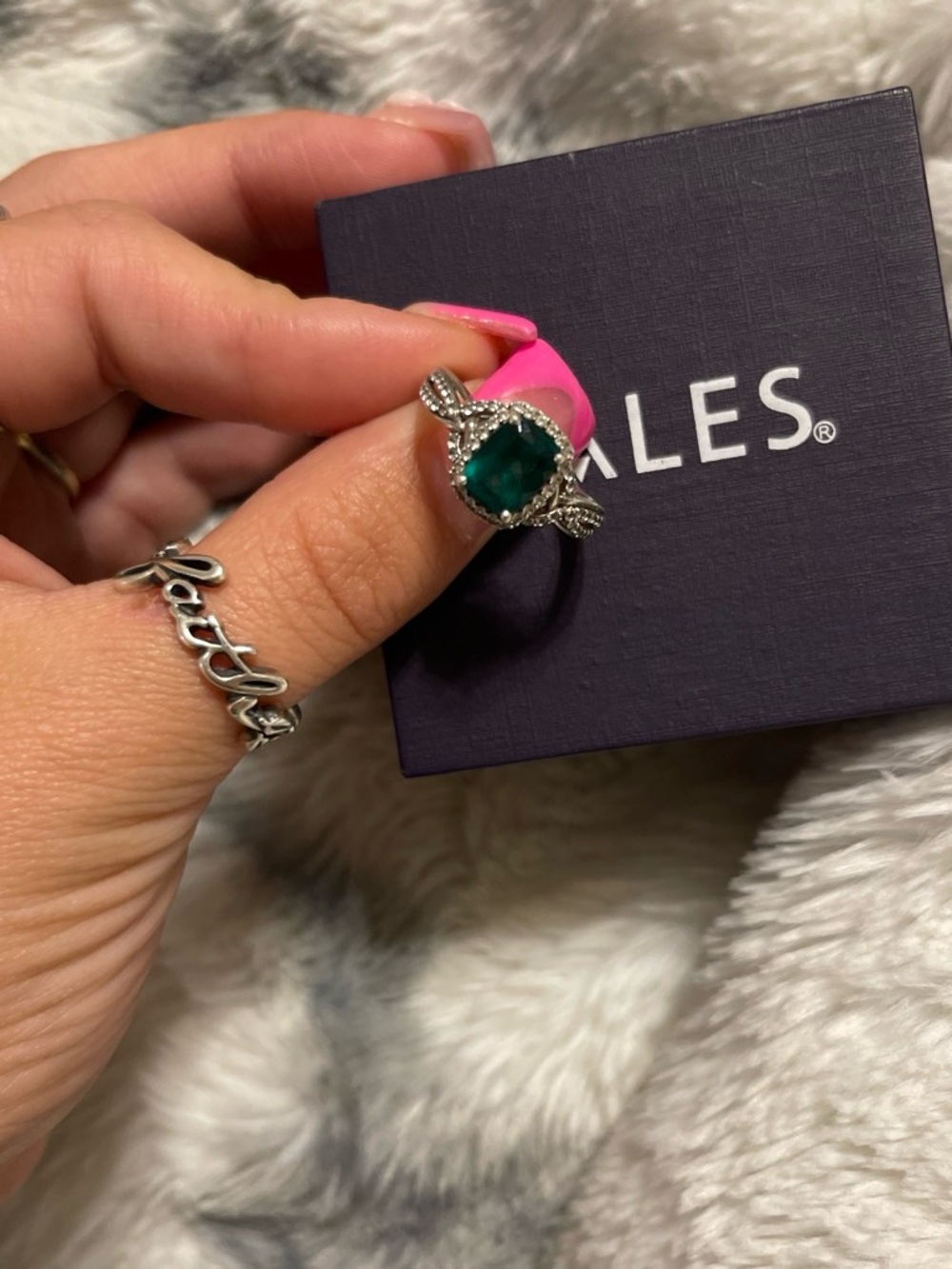 Zales Sterling Silver Emerald Green Cushion Ring with Accent Detailing